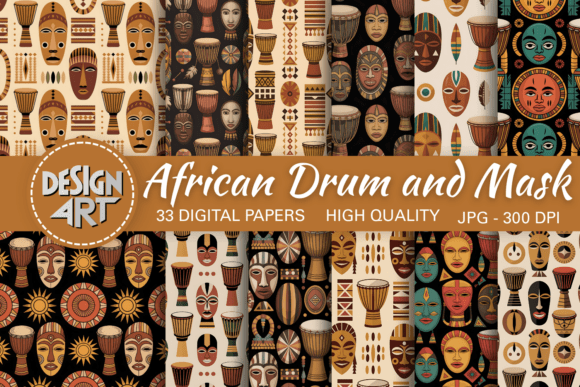 African Drum and Mask Pattern: A Cultural Design Resource