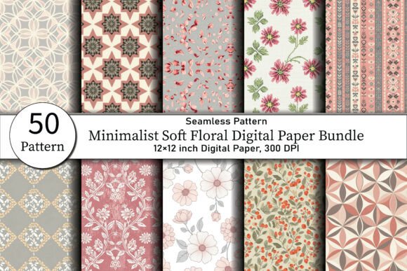Minimalist Soft Floral Digital Paper and 50 Soft Folk Botanical Seamless Digital Papers