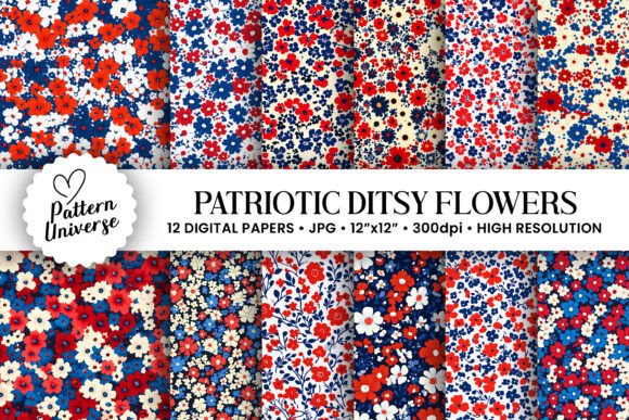 Patriotic Ditsy Flowers Digital Papers