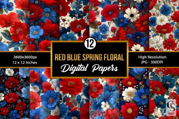 Red Blue American Spring Flowers Pattern