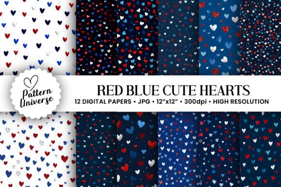 Red Blue Cute Hearts Digital Papers