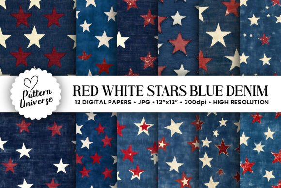 Red White Stars on Blue Denim