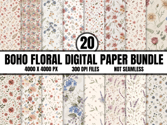 Vintage Boho Floral Digital Paper Bundle